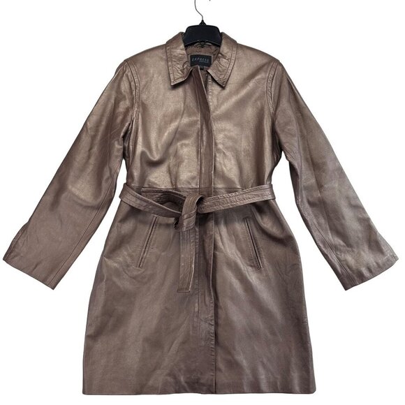 Express Jackets & Blazers - Express Vintage Leather Long Jacket Womens Size 13/14 Gold Bronze Waist Tie
